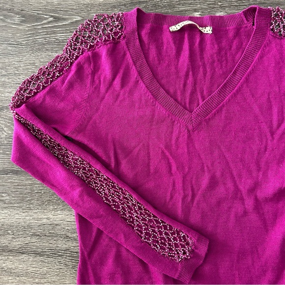 Emanuel Ungaro Fever Wool Blend Beaded Open Long Sleeve Sweater Size S Fuchsia - Picture 3 of 9